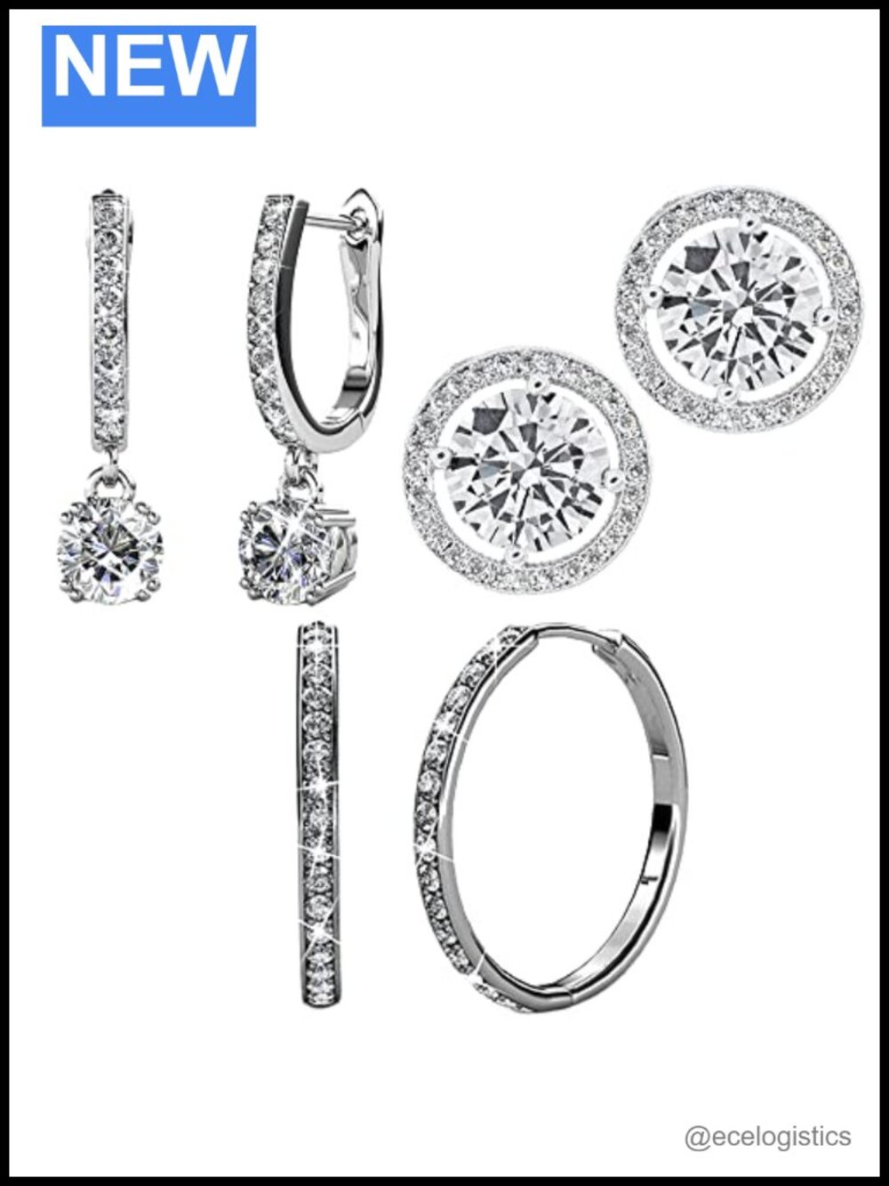 18K White Gold Crystal Drop & Dangle Earrings Set of 3 Pairs